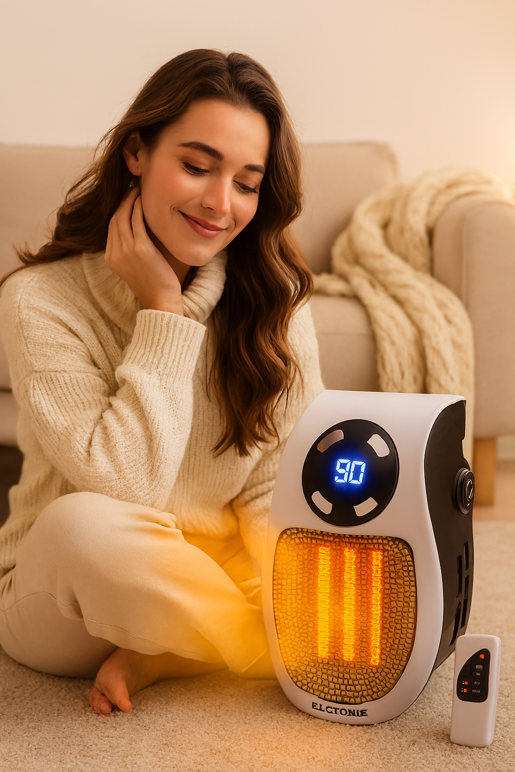 HeatSpace Heater on a bedside table emitting warm airflow, compact ceramic heater for fast room heating.