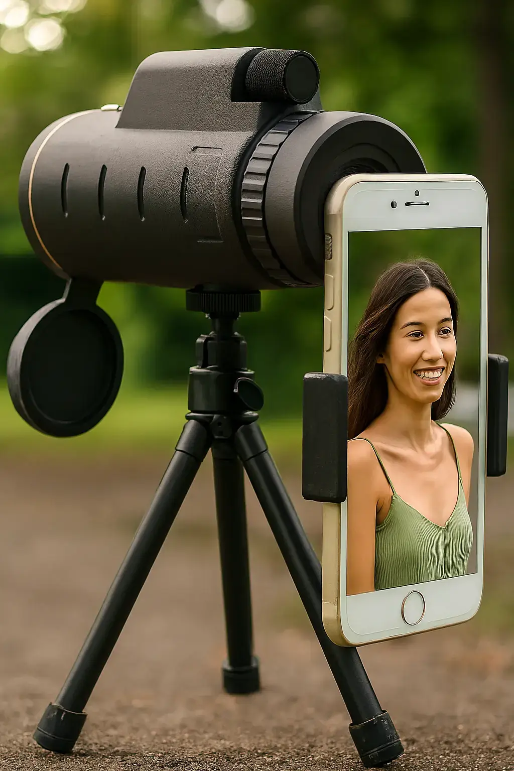 A sleek, black high-definition Opti Scope monocular resting beside its tripod and phone adapter.