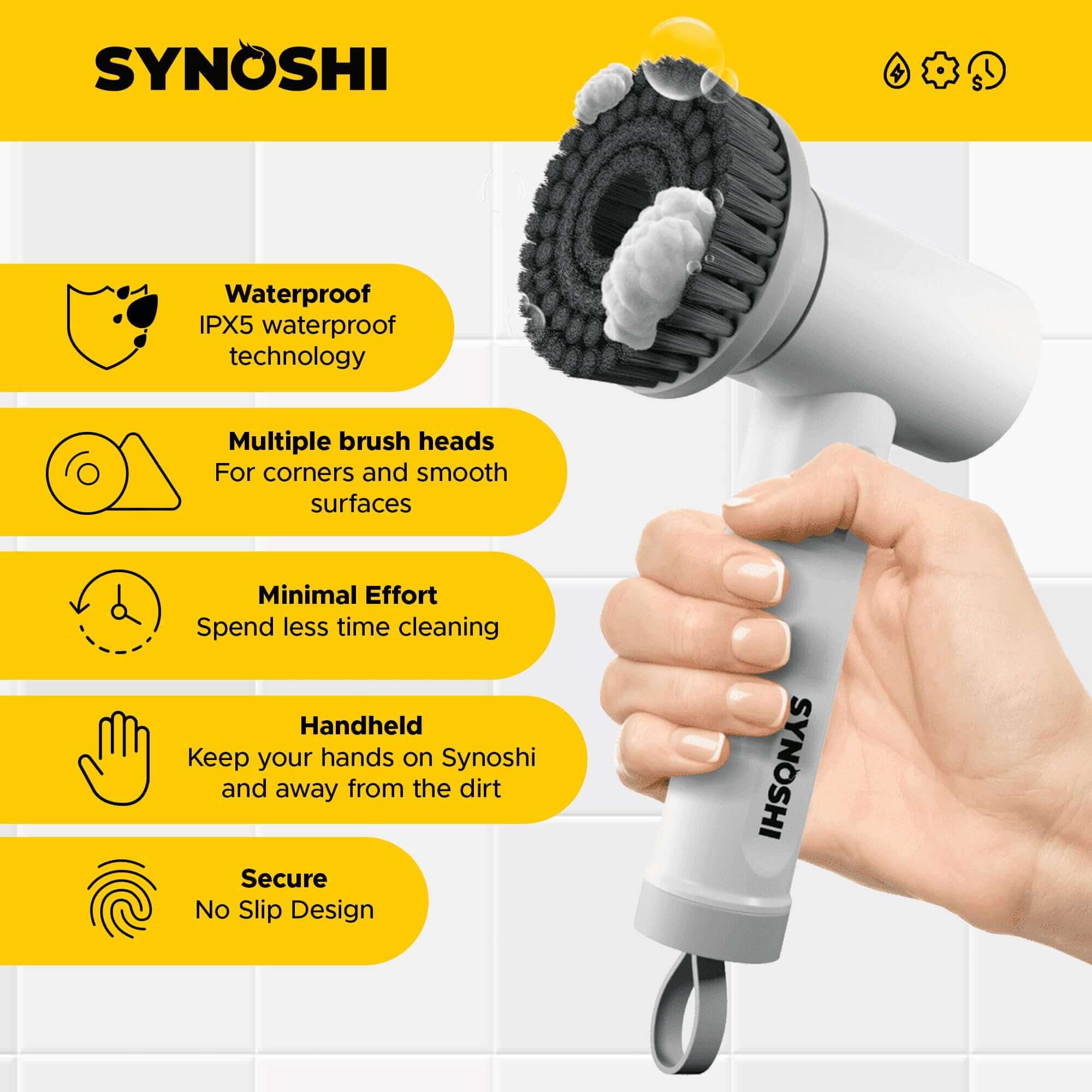 The Synoshi Spin Scrubber transforms cleaning with its powerful, cordless design. Say goodbye to scrubbing fatigue and hello to spotless surfaces