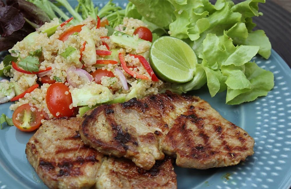 Grilled Honey Garlic Pork Chops with Quinoa Kale Salad