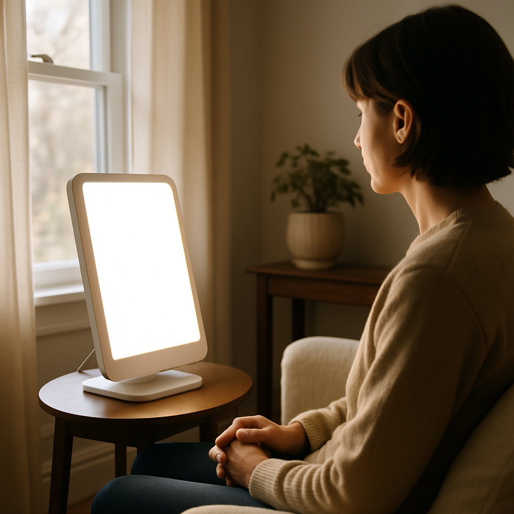 A photorealistic image capturing a light therapy session. Show a person sitting comfortably in a cozy room setting (e.g., near a window with soft morning light) using a modern light therapy lamp placed on a side table. The lamp should be emitting a bright, clean light. Focus on the realistic details of the environment and the lamp. Avoid showing the person's face clearly, perhaps a side profile or view from behind