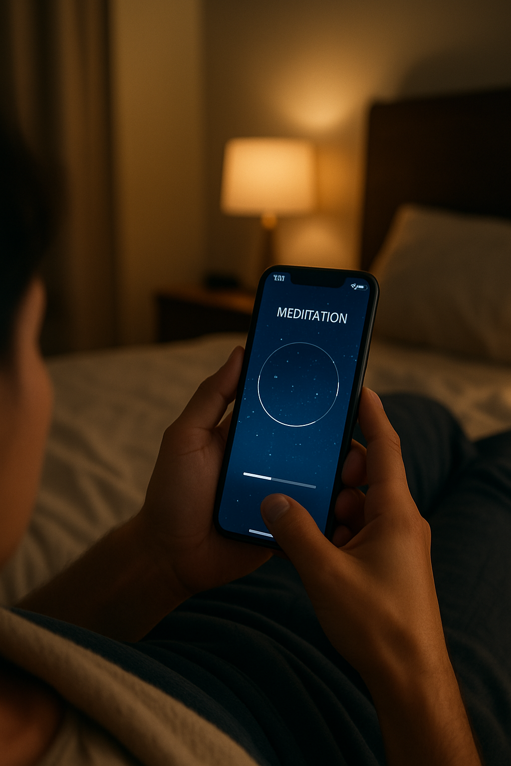 A photorealistic image showing someone relaxing in a dimly lit bedroom setting, holding a smartphone displaying a generic, calming meditation app interface (e.g., night sky, simple progress indicator). The focus is on the hands holding the phone and the relaxing atmosphere. Viewpoint could be over the shoulder or focusing on the hands and phone. Soft, ambient lighting suitable for nighttime.