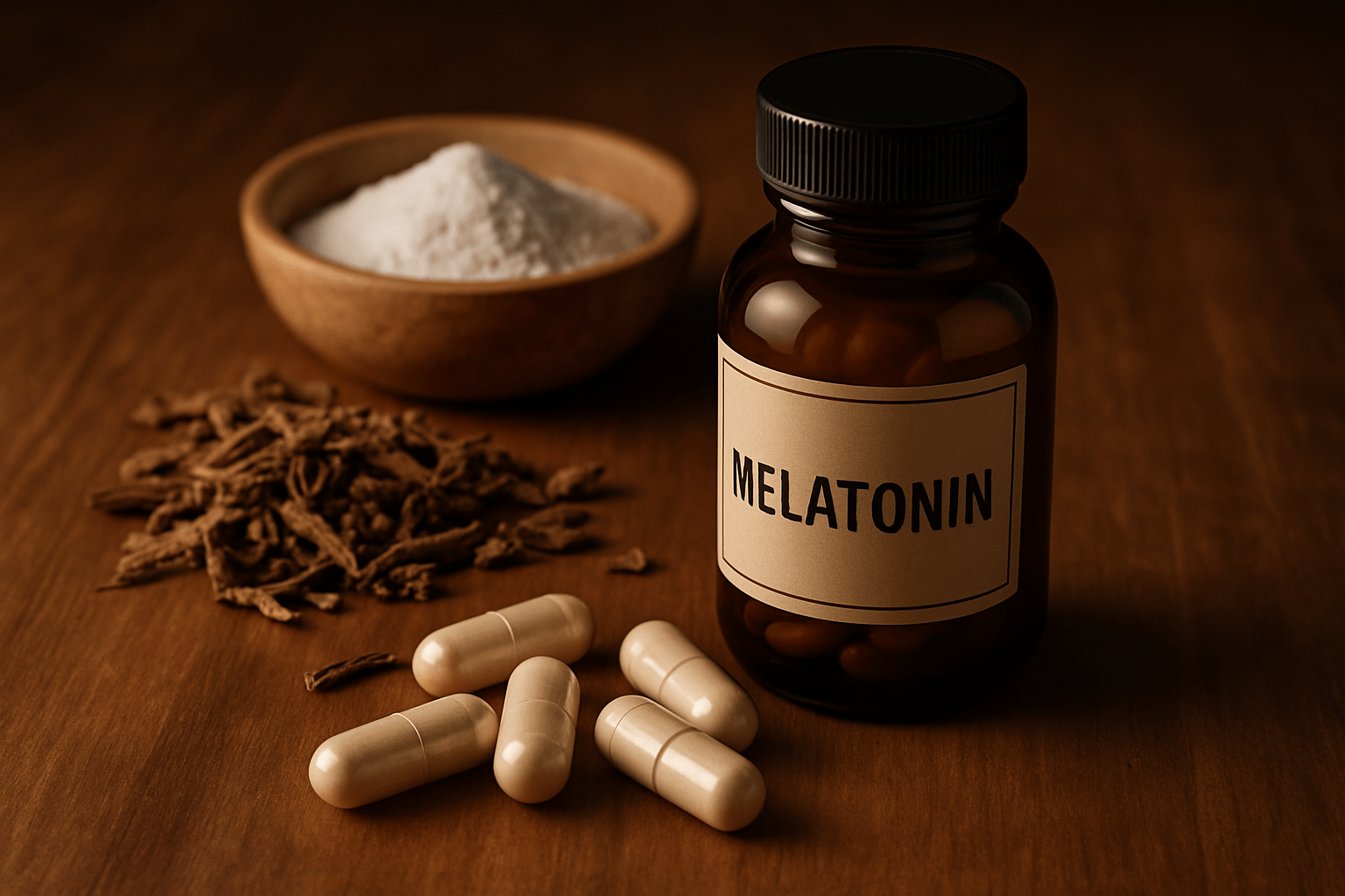 A photorealistic image displaying common sleep supplements. Feature a small, amber glass bottle labeled 'Melatonin', a few capsules spilling out, alongside some dried valerian root pieces and perhaps a small bowl of magnesium powder or pills, arranged naturally on a wooden surface. Soft, warm, slightly dim lighting to evoke a nighttime or relaxation mood.