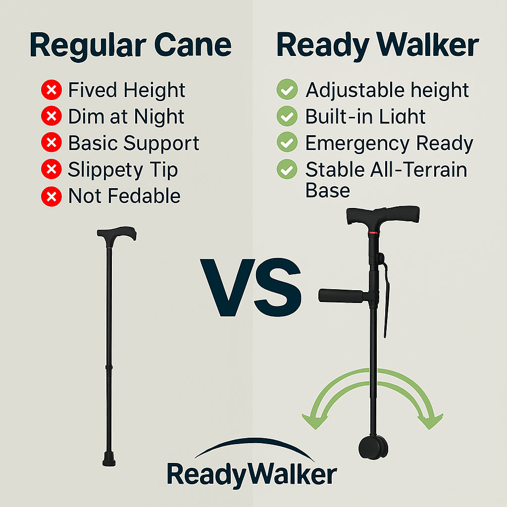 Smart foldable walking cane with LED light, safety alarm, and quad base for senior mobility support