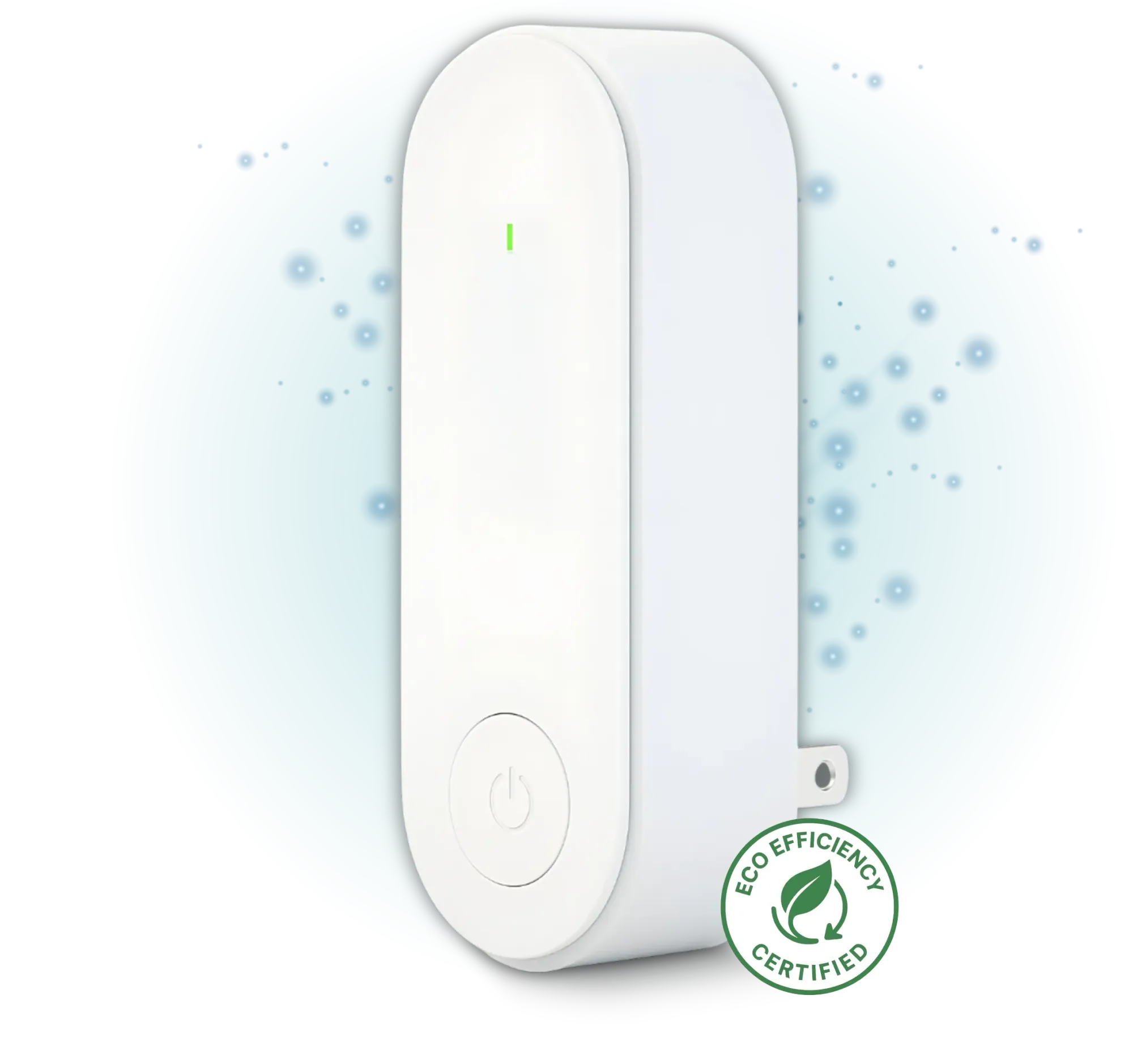 Qinux EcoPura ionic air purifier plugged into a modern living room, providing silent and chemical-free air purification.