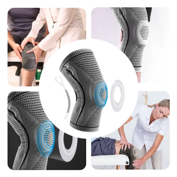 Close-up view of the Kneedder knee brace highlighting breathable fabric, elastic compression zones, and side stabilizers.