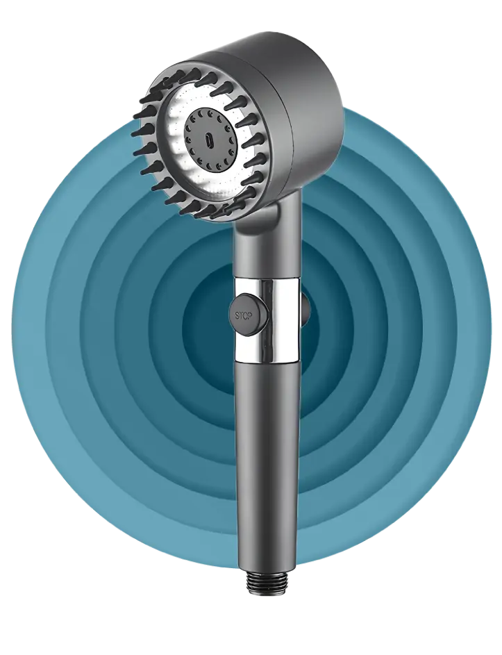 High-pressure water spray from Qinux HydriMass powerful shower head