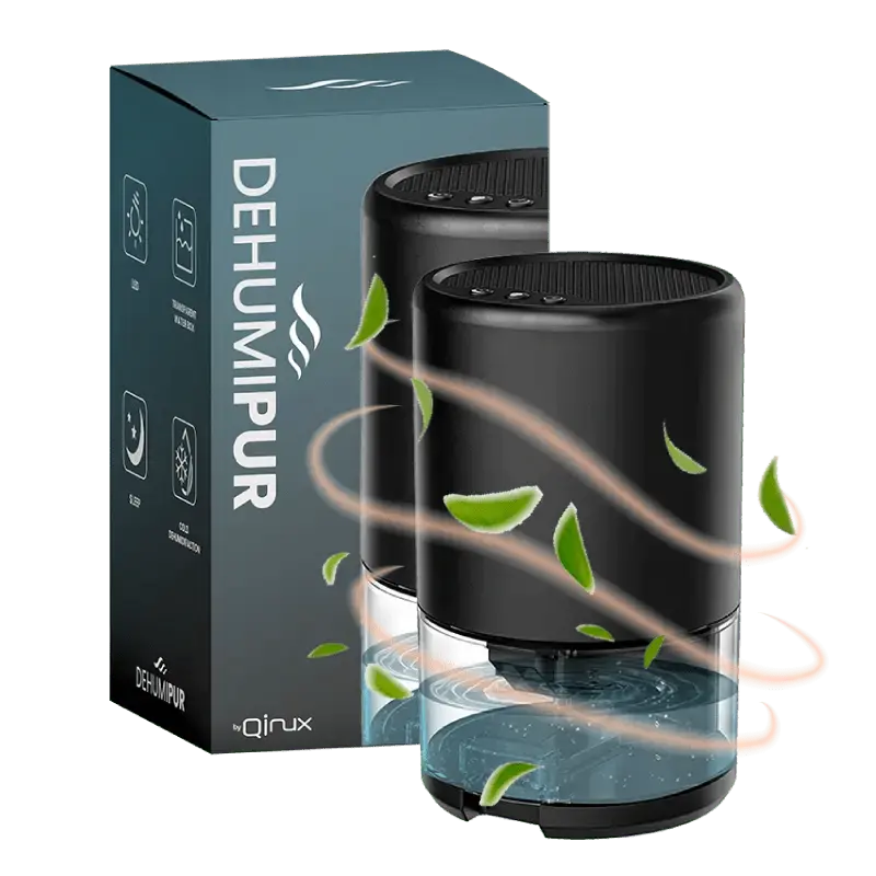 Close-up product image of Qinux DeHumiPur showing its compact structure and modern finish.