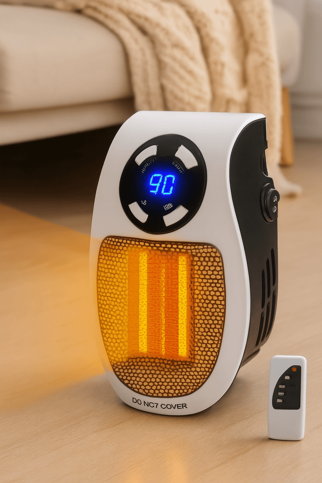 Close-up of HeatSpace Heater thermostat display showing adjustable temperature settings for energy efficiency.